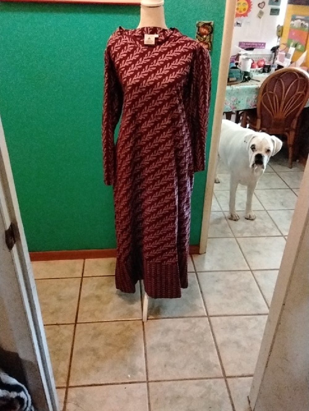 Women's Burgundy Long-Sleeve Maxi Dress with Geometric Print